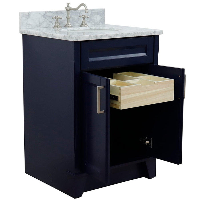 Bellaterra Home Terni 25" 2-Door 1-Drawer Blue Freestanding Vanity Set With Ceramic Undermount Oval Sink and White Carrara Marble Top - Luxe Vanity & Tub