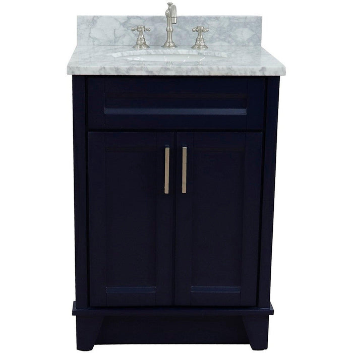 Bellaterra Home Terni 25" 2-Door 1-Drawer Blue Freestanding Vanity Set With Ceramic Undermount Oval Sink and White Carrara Marble Top - Luxe Vanity & Tub