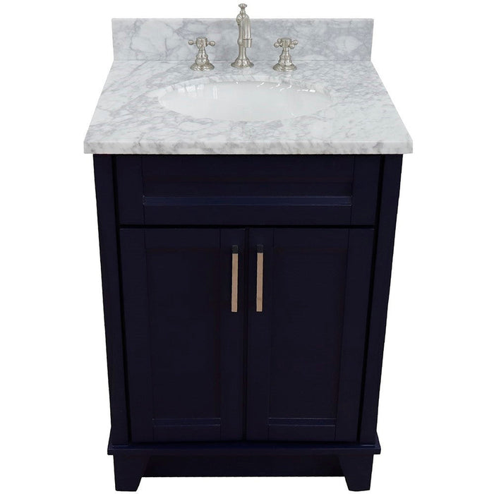 Bellaterra Home Terni 25" 2-Door 1-Drawer Blue Freestanding Vanity Set With Ceramic Undermount Oval Sink and White Carrara Marble Top - Luxe Vanity & Tub