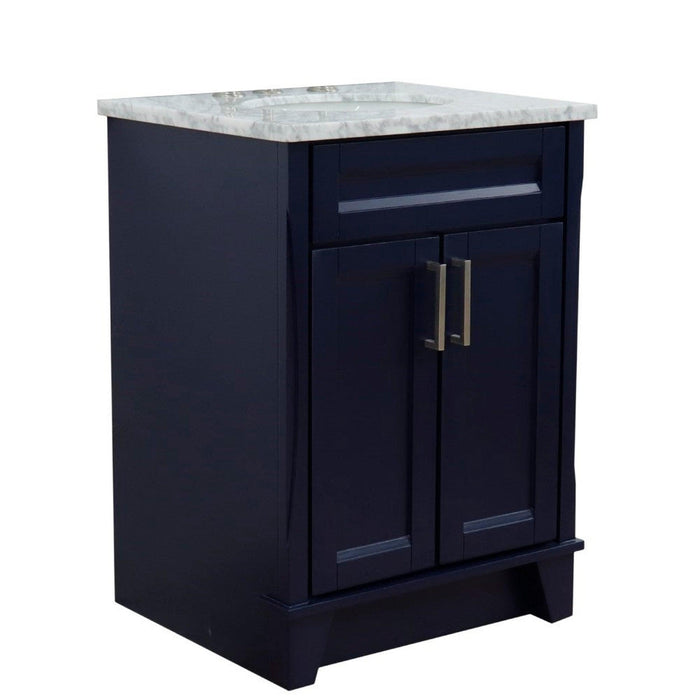 Bellaterra Home Terni 25" 2-Door 1-Drawer Blue Freestanding Vanity Set With Ceramic Undermount Oval Sink and White Carrara Marble Top - Luxe Vanity & Tub