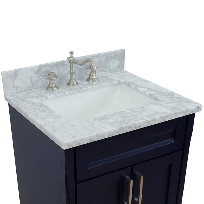 Bellaterra Home Terni 25" 2-Door 1-Drawer Blue Freestanding Vanity Set With Ceramic Undermount Rectangular Sink and White Carrara Marble Top - Luxe Vanity & Tub