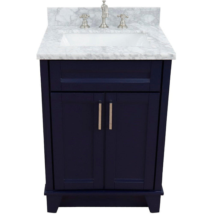 Bellaterra Home Terni 25" 2-Door 1-Drawer Blue Freestanding Vanity Set With Ceramic Undermount Rectangular Sink and White Carrara Marble Top - Luxe Vanity & Tub