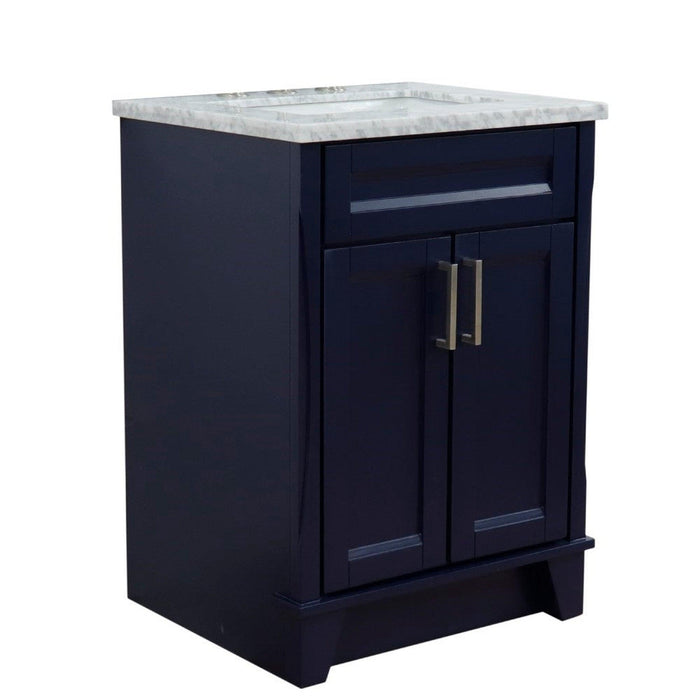 Bellaterra Home Terni 25" 2-Door 1-Drawer Blue Freestanding Vanity Set With Ceramic Undermount Rectangular Sink and White Carrara Marble Top - Luxe Vanity & Tub