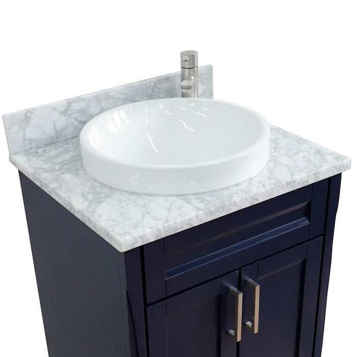 Bellaterra Home Terni 25" 2-Door 1-Drawer Blue Freestanding Vanity Set With Ceramic Vessel Sink and White Carrara Marble Top - Luxe Vanity & Tub