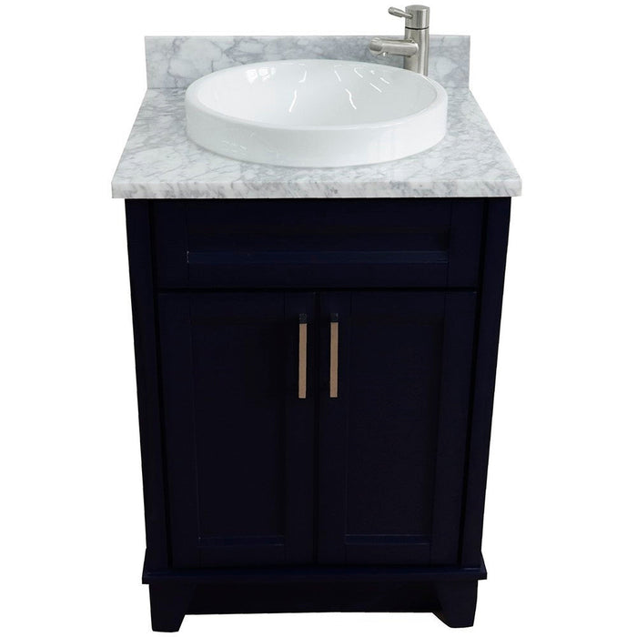 Bellaterra Home Terni 25" 2-Door 1-Drawer Blue Freestanding Vanity Set With Ceramic Vessel Sink and White Carrara Marble Top - Luxe Vanity & Tub