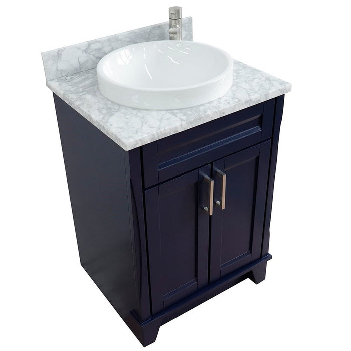 Bellaterra Home Terni 25" 2-Door 1-Drawer Blue Freestanding Vanity Set With Ceramic Vessel Sink and White Carrara Marble Top - Luxe Vanity & Tub