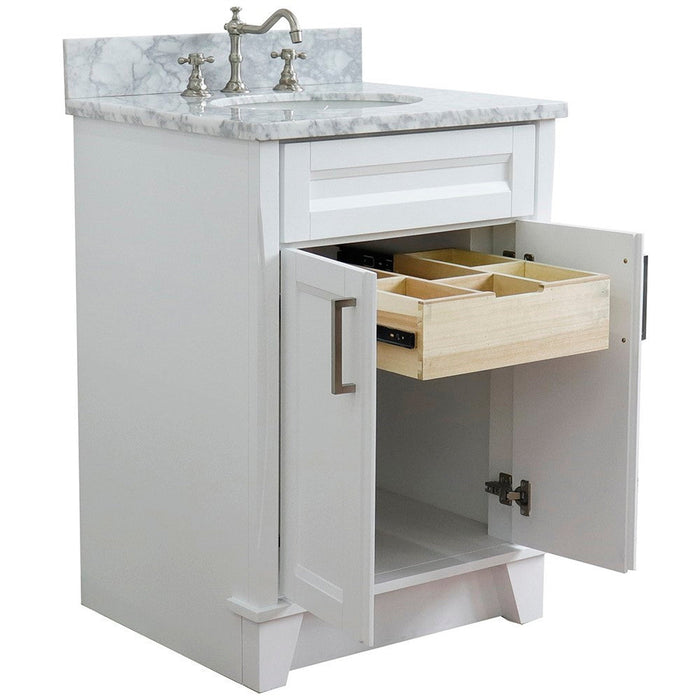 Bellaterra Home Terni 25" 2-Door 1-Drawer White Freestanding Vanity Set With Ceramic Undermount Oval Sink and White Carrara Marble Top - Luxe Vanity & Tub