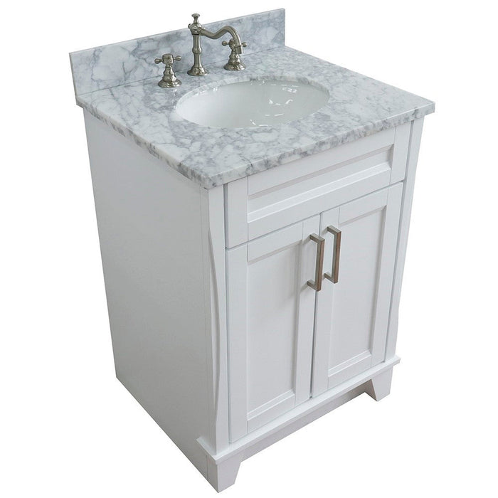 Bellaterra Home Terni 25" 2-Door 1-Drawer White Freestanding Vanity Set With Ceramic Undermount Oval Sink and White Carrara Marble Top - Luxe Vanity & Tub