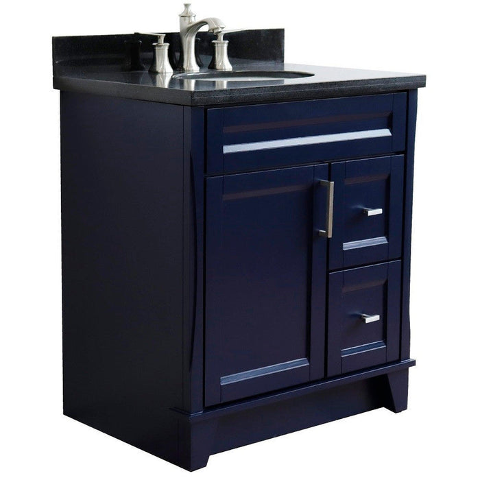 Bellaterra Home Terni 31" 1-Door 2-Drawer Blue Freestanding Vanity Set With Ceramic Undermount Oval Sink and Black Galaxy Granite Top - Luxe Vanity & Tub