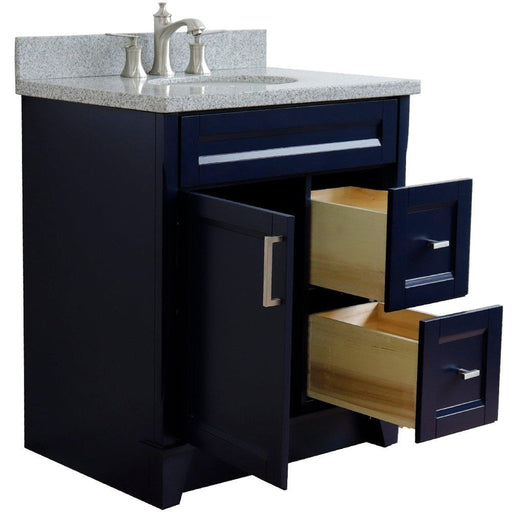 Bellaterra Home Terni 31" 1-Door 2-Drawer Blue Freestanding Vanity Set With Ceramic Undermount Oval Sink and Gray Granite Top - Luxe Vanity & Tub