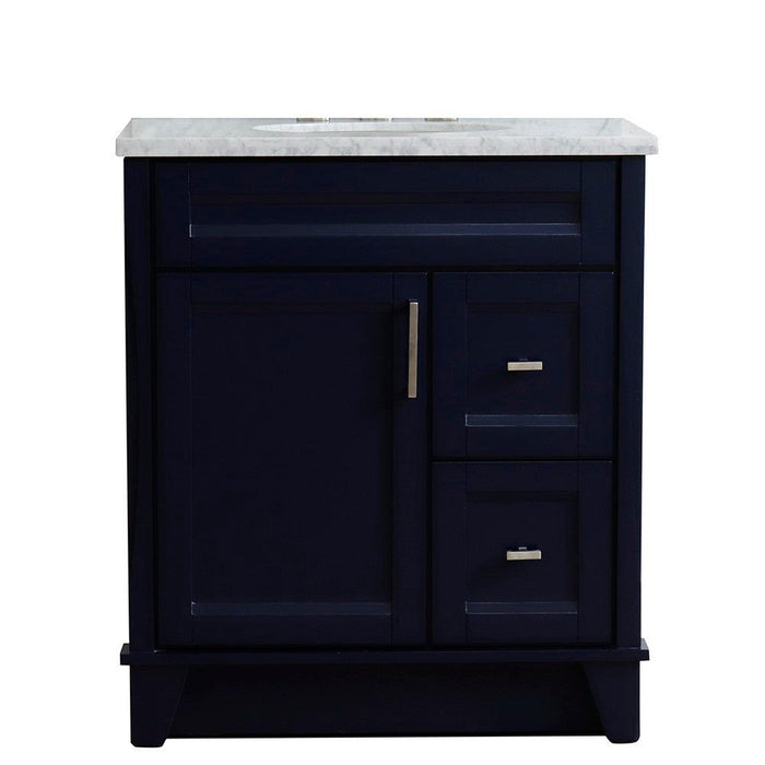 Bellaterra Home Terni 31" 1-Door 2-Drawer Blue Freestanding Vanity Set With Ceramic Undermount Oval Sink and White Carrara Marble Top - Luxe Vanity & Tub