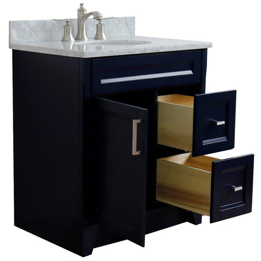 Bellaterra Home Terni 31" 1-Door 2-Drawer Blue Freestanding Vanity Set With Ceramic Undermount Oval Sink and White Carrara Marble Top - Luxe Vanity & Tub