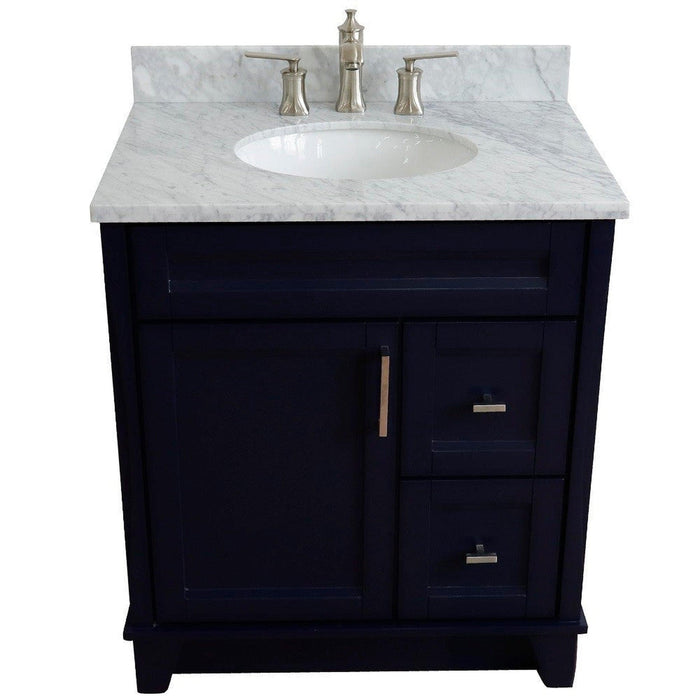 Bellaterra Home Terni 31" 1-Door 2-Drawer Blue Freestanding Vanity Set With Ceramic Undermount Oval Sink and White Carrara Marble Top - Luxe Vanity & Tub