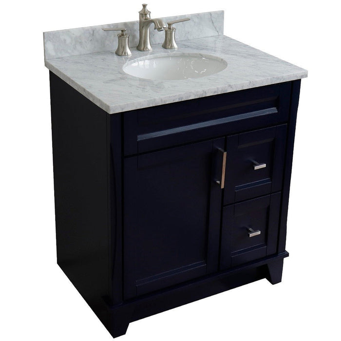 Bellaterra Home Terni 31" 1-Door 2-Drawer Blue Freestanding Vanity Set With Ceramic Undermount Oval Sink and White Carrara Marble Top - Luxe Vanity & Tub