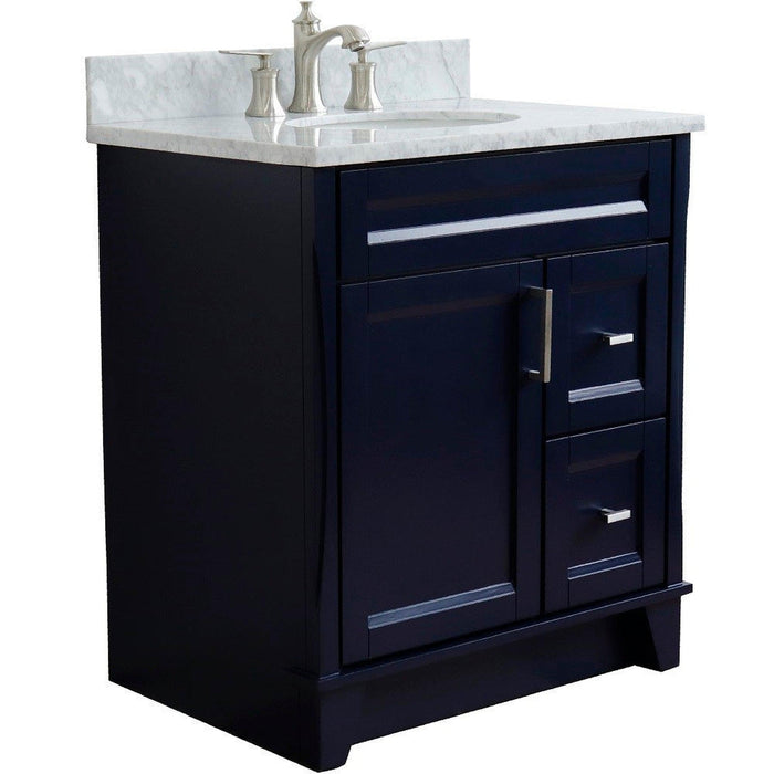 Bellaterra Home Terni 31" 1-Door 2-Drawer Blue Freestanding Vanity Set With Ceramic Undermount Oval Sink and White Carrara Marble Top - Luxe Vanity & Tub