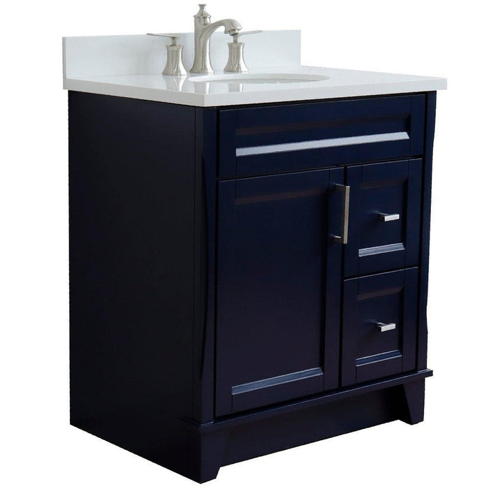 Bellaterra Home Terni 31" 1-Door 2-Drawer Blue Freestanding Vanity Set With Ceramic Undermount Oval Sink and White Quartz Top - Luxe Vanity & Tub