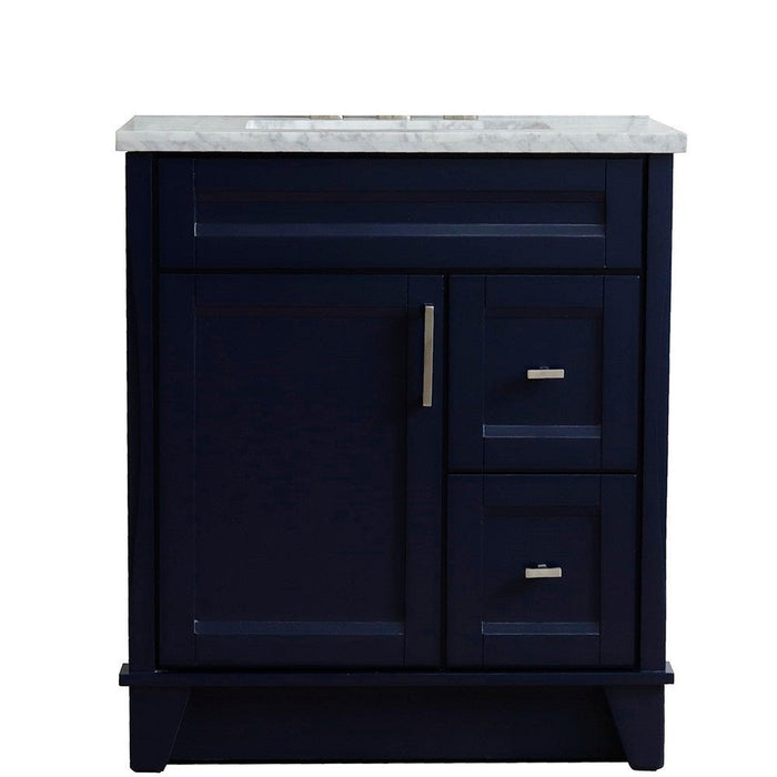 Bellaterra Home Terni 31" 1-Door 2-Drawer Blue Freestanding Vanity Set With Ceramic Undermount Rectangular Sink and White Carrara Marble Top - Luxe Vanity & Tub