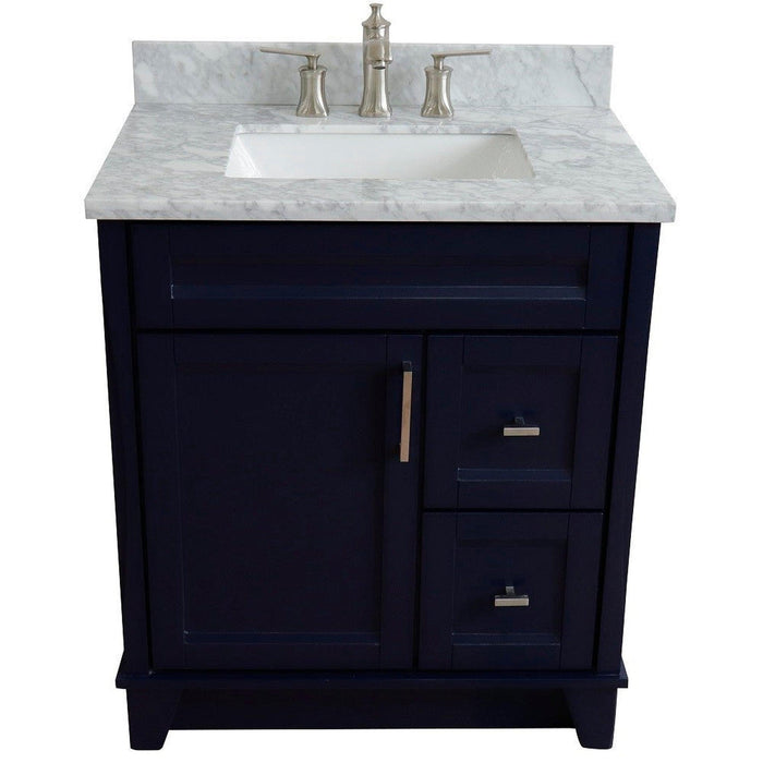 Bellaterra Home Terni 31" 1-Door 2-Drawer Blue Freestanding Vanity Set With Ceramic Undermount Rectangular Sink and White Carrara Marble Top - Luxe Vanity & Tub