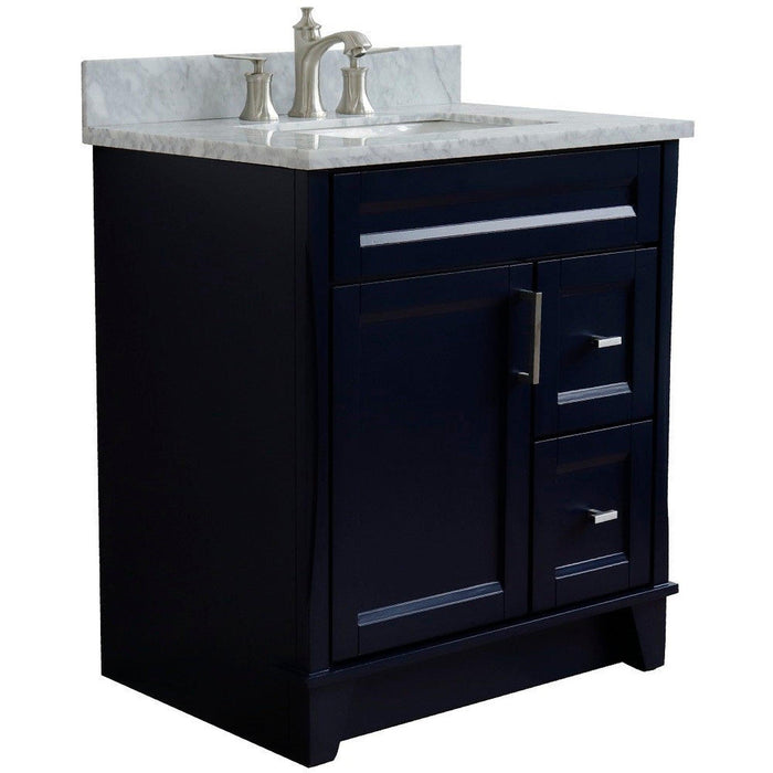 Bellaterra Home Terni 31" 1-Door 2-Drawer Blue Freestanding Vanity Set With Ceramic Undermount Rectangular Sink and White Carrara Marble Top - Luxe Vanity & Tub