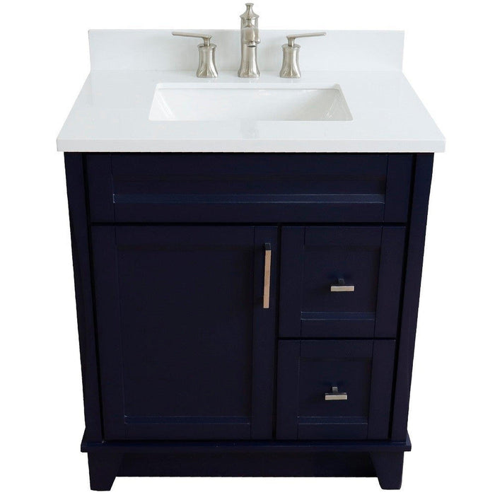 Bellaterra Home Terni 31" 1-Door 2-Drawer Blue Freestanding Vanity Set With Ceramic Undermount Rectangular Sink and White Quartz Top - Luxe Vanity & Tub