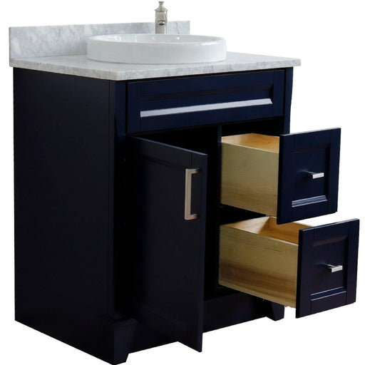 Bellaterra Home Terni 31" 1-Door 2-Drawer Blue Freestanding Vanity Set With Ceramic Vessel Sink and White Carrara Marble Top - Luxe Vanity & Tub