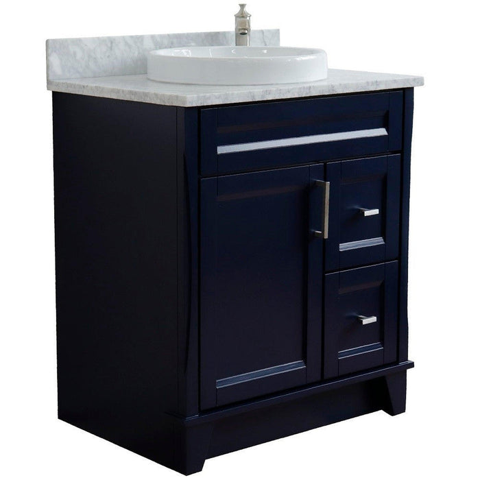 Bellaterra Home Terni 31" 1-Door 2-Drawer Blue Freestanding Vanity Set With Ceramic Vessel Sink and White Carrara Marble Top - Luxe Vanity & Tub