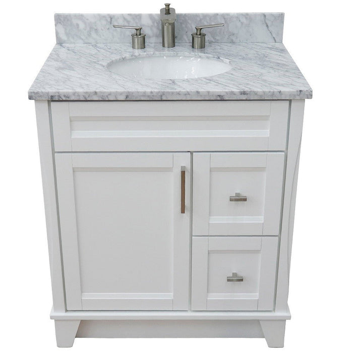 Bellaterra Home Terni 31" 1-Door 2-Drawer White Freestanding Vanity Set With Ceramic Undermount Oval Sink and White Carrara Marble Top - Luxe Vanity & Tub