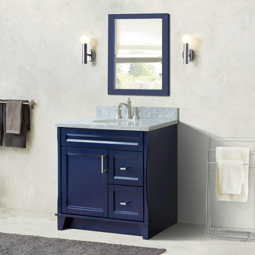 Bellaterra Home Terni 37" 1-Door 2-Drawer Blue Freestanding Vanity Set With Ceramic Center Undermount Oval Sink and White Carrara Marble Top, and Left Door Base