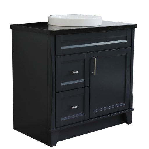 Bellaterra Home Terni 37" 1-Door 2-Drawer Dark Gray Freestanding Vanity Set With Ceramic Center Vessel Sink and Black Galaxy Granite Top, and Right Door Base