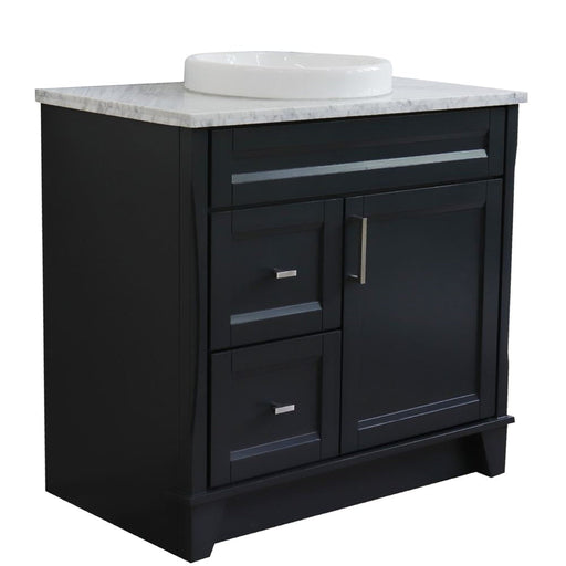 Bellaterra Home Terni 37" 1-Door 2-Drawer Dark Gray Freestanding Vanity Set With Ceramic Center Vessel Sink and White Carrara Marble Top, and Right Door Base