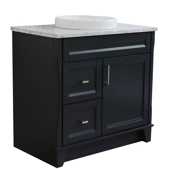 Bellaterra Home Terni 37" 1-Door 2-Drawer Dark Gray Freestanding Vanity Set With Ceramic Center Vessel Sink and White Carrara Marble Top, and Right Door Base