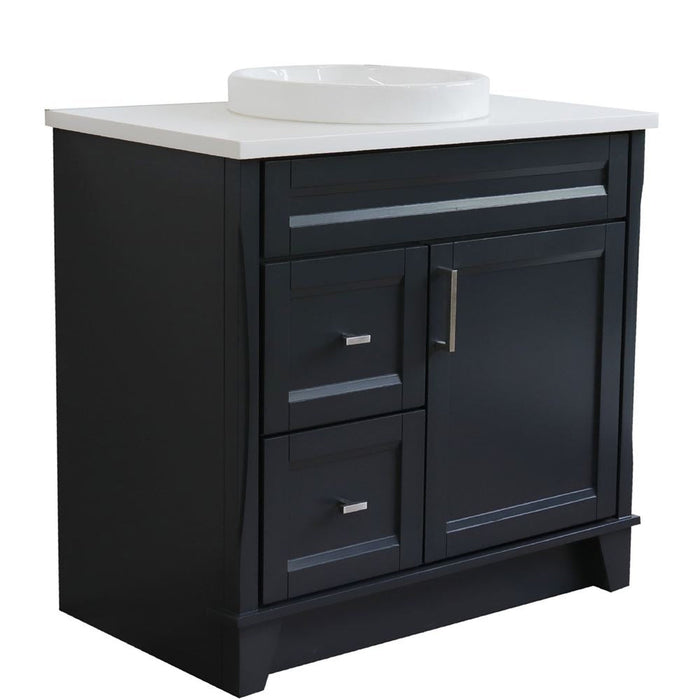 Bellaterra Home Terni 37" 1-Door 2-Drawer Dark Gray Freestanding Vanity Set With Ceramic Center Vessel Sink and White Quartz Top, and Right Door Base