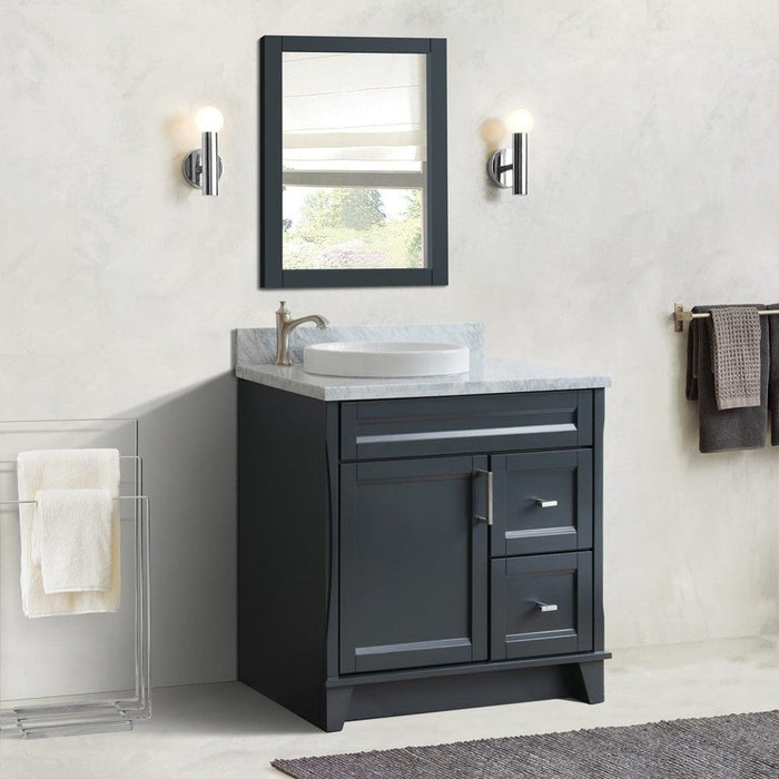 Bellaterra Home Terni 37" 1-Door 2-Drawer Dark Gray Freestanding Vanity Set With Ceramic Left Offset Vessel Sink and White Carrara Marble Top, and Left Door Base