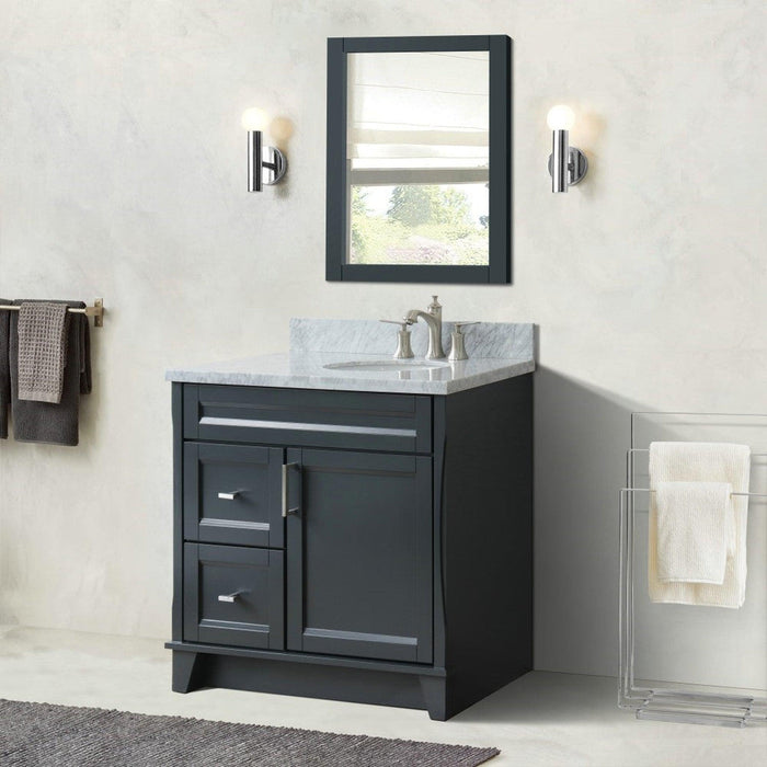 Bellaterra Home Terni 37" 1-Door 2-Drawer Dark Gray Freestanding Vanity Set With Ceramic Right Offset Undermount Oval Sink and White Carrara Marble Top, and Right Door Base