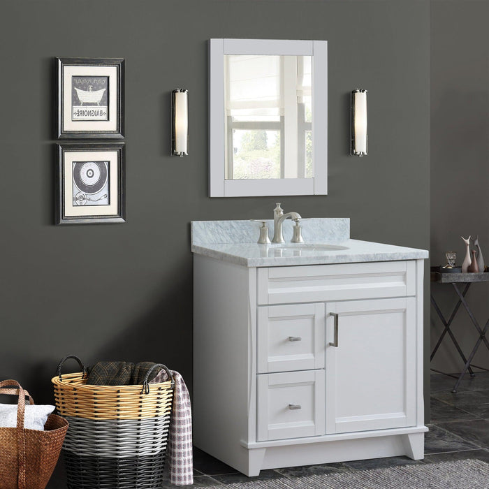 Bellaterra Home Terni 37" 1-Door 2-Drawer White Freestanding Vanity Set With Ceramic Center Undermount Oval Sink and White Carrara Marble Top, and Right Door Base