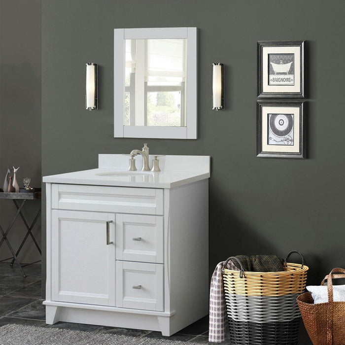 Bellaterra Home Terni 37" 1-Door 2-Drawer White Freestanding Vanity Set With Ceramic Center Undermount Oval Sink and White Quartz Top, and Left Door Base