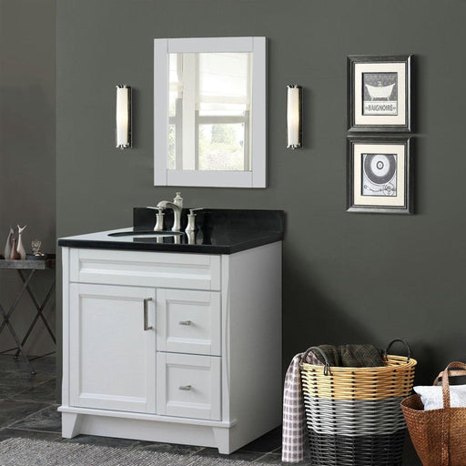 Bellaterra Home Terni 37" 1-Door 2-Drawer White Freestanding Vanity Set With Ceramic Left Offset Undermount Oval Sink and Black Galaxy Granite Top, and Left Door Base