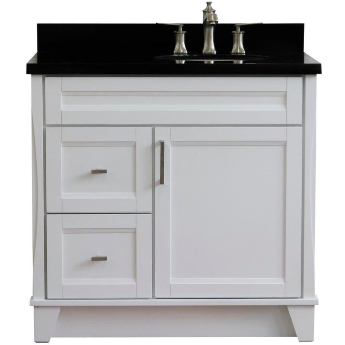 Bellaterra Home Terni 37" 1-Door 2-Drawer White Freestanding Vanity Set With Ceramic Right Offset Undermount Oval Sink and Black Galaxy Granite Top, and Right Door Base