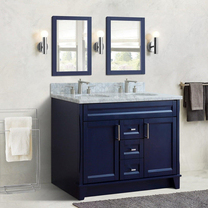 Bellaterra Home Terni 49" 2-Door 2-Drawer Blue Freestanding Vanity Set With Ceramic Double Undermount Oval Sink and White Carrara Marble Top