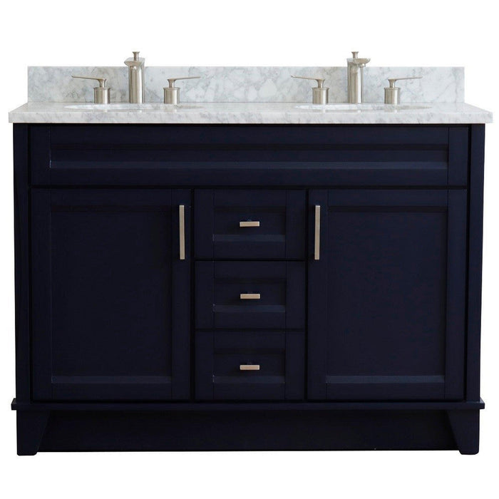 Bellaterra Home Terni 49" 2-Door 2-Drawer Blue Freestanding Vanity Set With Ceramic Double Undermount Oval Sink and White Carrara Marble Top - Luxe Vanity & Tub