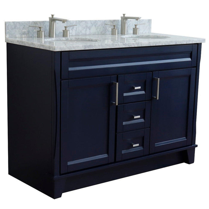 Bellaterra Home Terni 49" 2-Door 2-Drawer Blue Freestanding Vanity Set With Ceramic Double Undermount Oval Sink and White Carrara Marble Top - Luxe Vanity & Tub