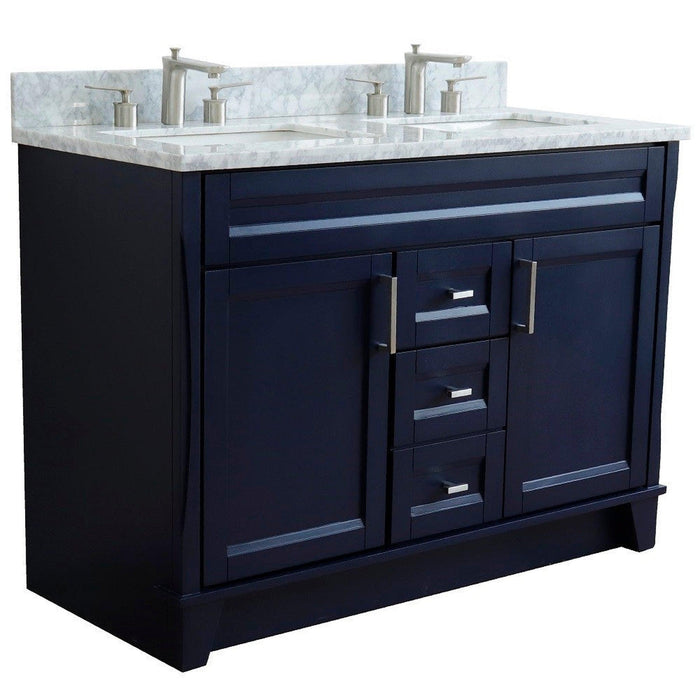 Bellaterra Home Terni 49" 2-Door 2-Drawer Blue Freestanding Vanity Set With Ceramic Double Undermount Rectangular Sink and White Carrara Marble Top - Luxe Vanity & Tub