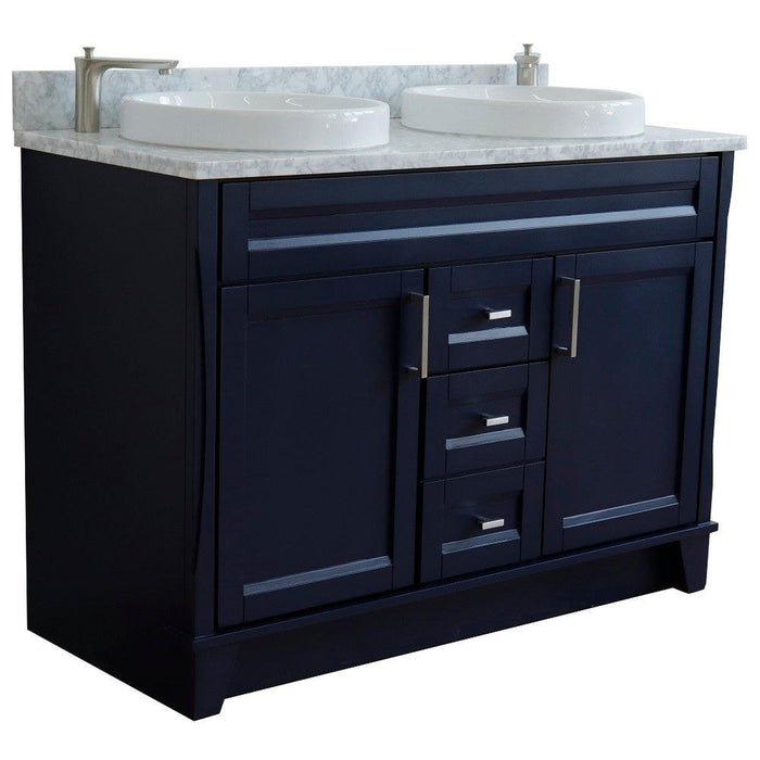 Bellaterra Home Terni 49" 2-Door 2-Drawer Blue Freestanding Vanity Set With Ceramic Double Vessel Sink and White Carrara Marble Top - Luxe Vanity & Tub