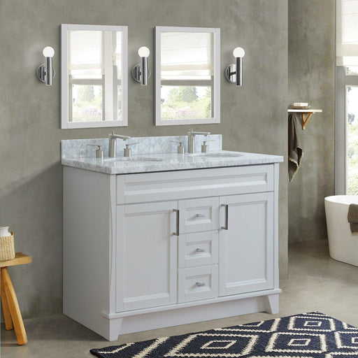 Bellaterra Home Terni 49" 2-Door 2-Drawer White Freestanding Vanity Set With Ceramic Double Undermount Oval Sink and White Carrara Marble Top