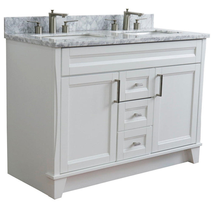 Bellaterra Home Terni 49" 2-Door 2-Drawer White Freestanding Vanity Set With Ceramic Double Undermount Rectangular Sink and White Carrara Marble Top - Luxe Vanity & Tub