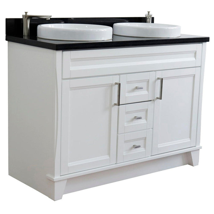 Bellaterra Home Terni 49" 2-Door 2-Drawer White Freestanding Vanity Set With Ceramic Double Vessel Sink and Black Galaxy Granite Top - Luxe Vanity & Tub