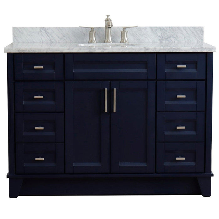 Bellaterra Home Terni 49" 2-Door 6-Drawer Blue Freestanding Vanity Set With Ceramic Undermount Oval Sink and White Carrara Marble Top - Luxe Vanity & Tub