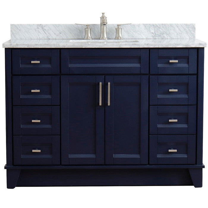 Bellaterra Home Terni 49" 2-Door 6-Drawer Blue Freestanding Vanity Set With Ceramic Undermount Rectangular Sink and White Carrara Marble Top - Luxe Vanity & Tub