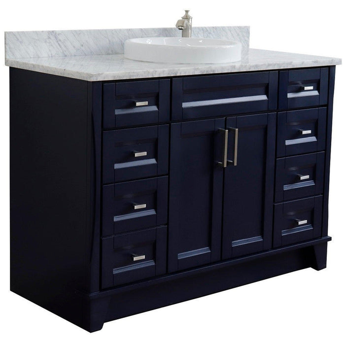 Bellaterra Home Terni 49" 2-Door 6-Drawer Blue Freestanding Vanity Set With Ceramic Vessel Sink and White Carrara Marble Top - Luxe Vanity & Tub