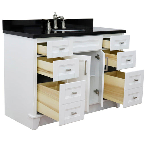 Bellaterra Home Terni 49" 2-Door 6-Drawer White Freestanding Vanity Set With Ceramic Undermount Oval Sink and Black Galaxy Granite Top - Luxe Vanity & Tub